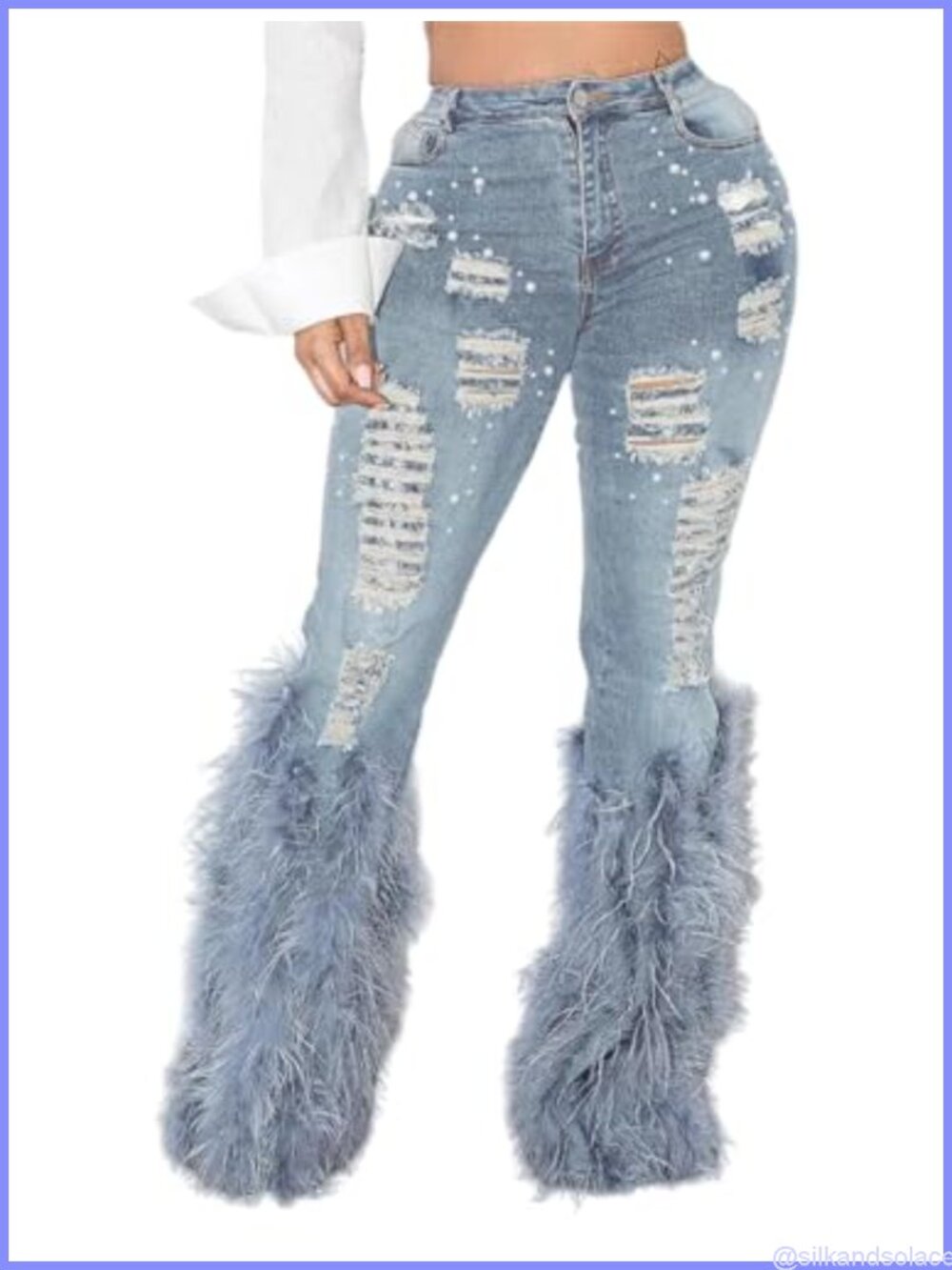 High Waisted Ripped Skinny Jeans Pearl Fringe Stretch Denim Pants Y2K Party